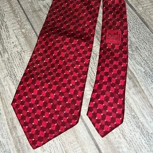 Hermes Paris 100% Silk Necktie.  7865 Red checkered with dots pattern. 3.5” wide